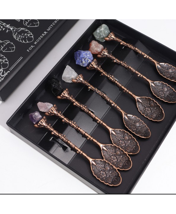 Set of 7 bronze gemstone crystal spoons