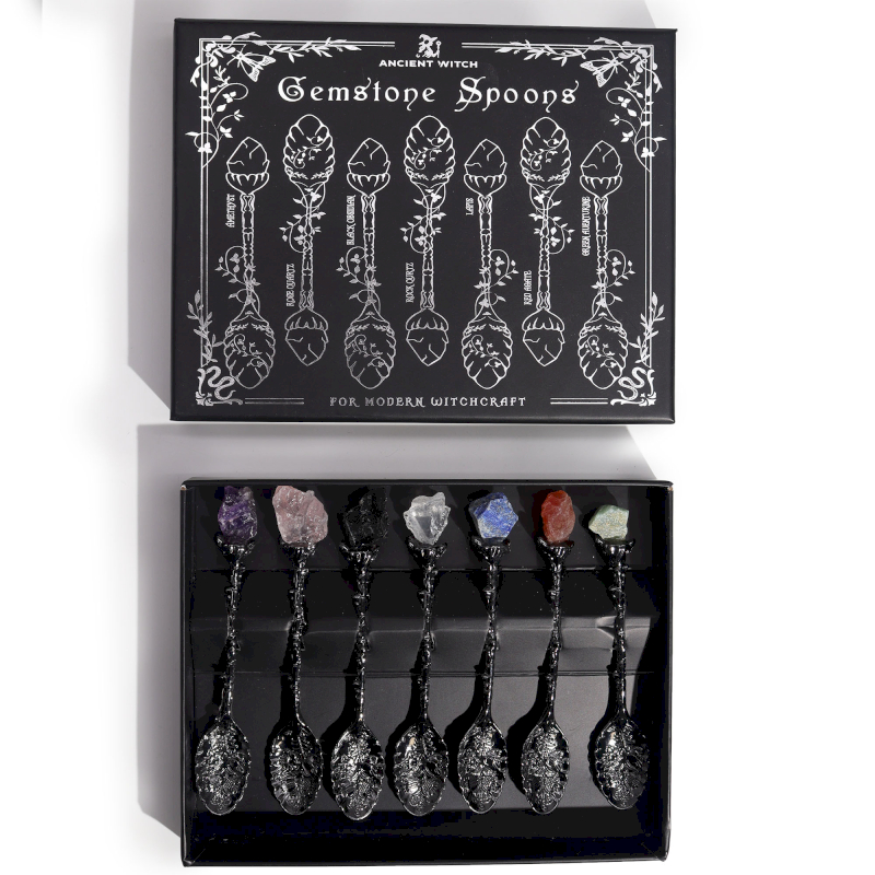Set of 7 dark silver gemstone crystal spoons