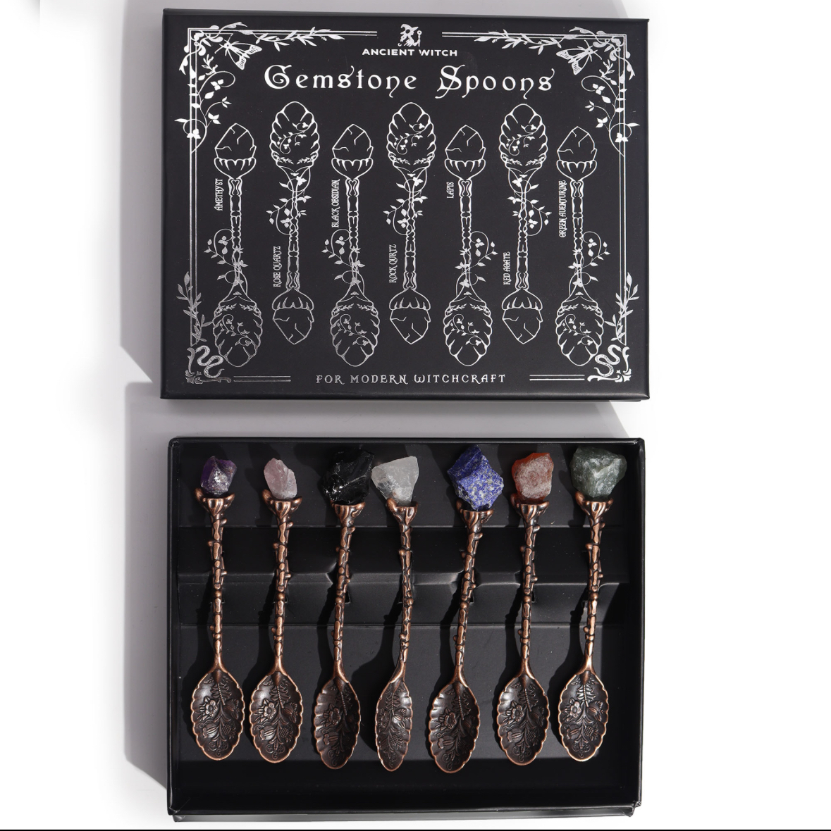 Set of 7 bronze gemstone crystal spoons