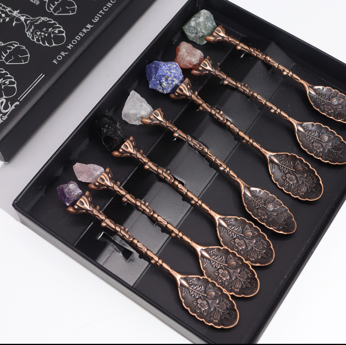 Set of 7 bronze gemstone crystal spoons