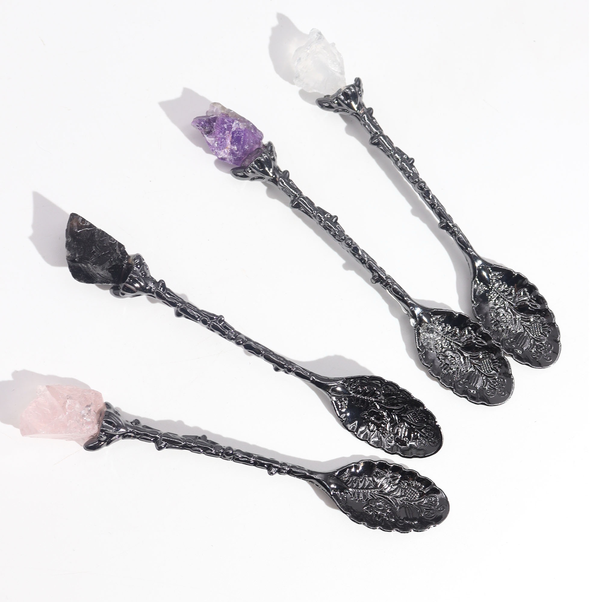 Set of 7 dark silver gemstone crystal spoons