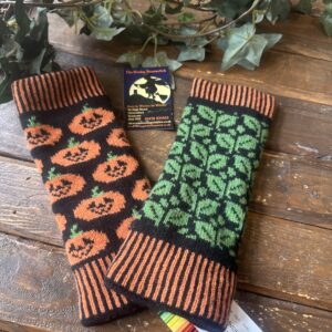 Knitted Pumpkin & Leaves Fingerless Gloves