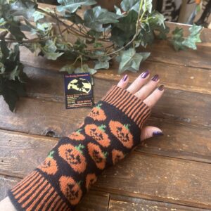 Knitted Pumpkin & Leaves Fingerless Gloves