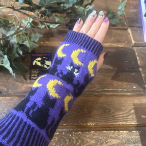 Knitted Cat & Witches Purple Fingerless Gloves