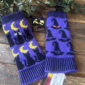 Knitted Cat & Witches Purple Fingerless Gloves